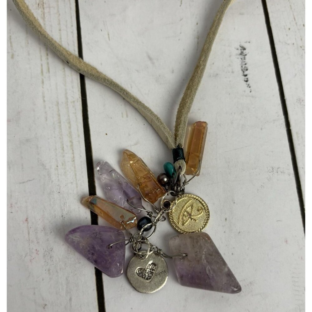 Peyote Bird Quartz Crystal Pearl Turquoise Sterling Silver Leather Necklace J037 - Picture 3 of 6